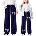 thumbnail image 1 of JIAYUE Kids Girls Valentines Day Pants Bowknot Print High Waisted Straight-Leg Long with Drawstring Girlfriend Trousers For Teens Everyday Trousers, 1 of 9