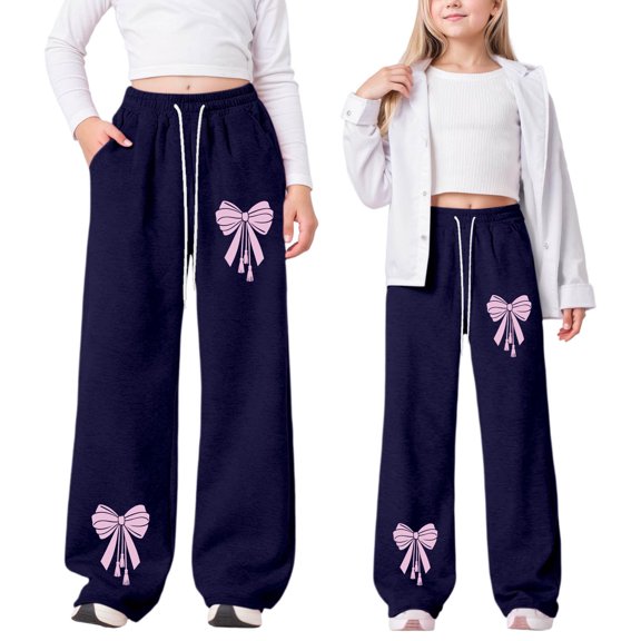 JIAYUE Kids Girls Valentines Day Slacks Bowknot Print High Waisted Straight-Leg Long with Drawstring Girlfriend Trousers For Teens Breathable Playwear