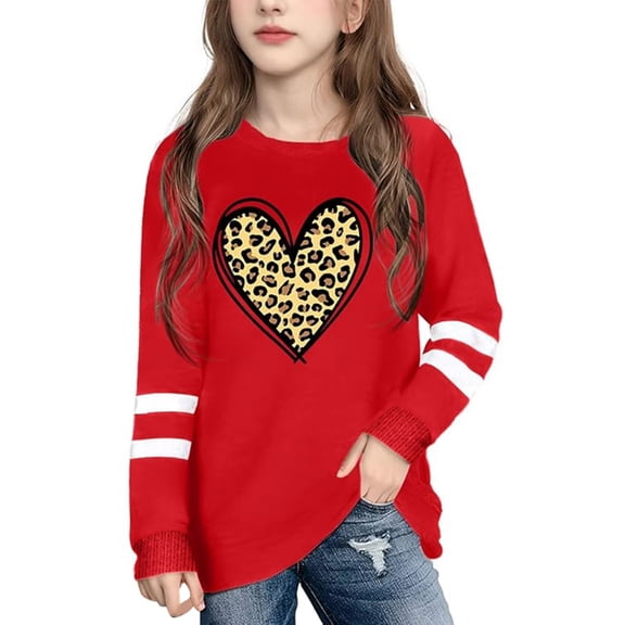 JIAYUE Kids Girls Valentines Day Tops Heart Print Long Sleeve Crew Neck Pull-On Relaxed Fit Pullover Blouse For Child Basic Cozy Tops