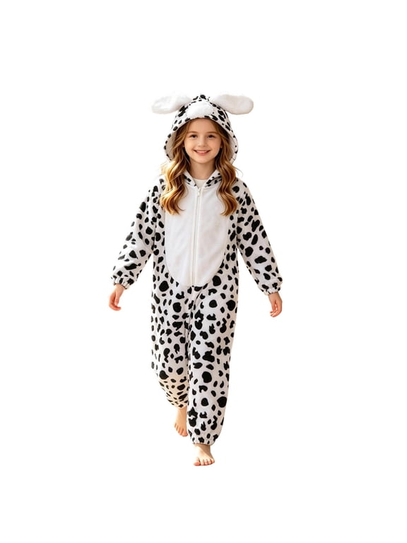 Kids Onesie Pajama Hooded Full Length Zip Up Cute Dalmatian Dog Romper Warm Fuzzy Loose Jumpsuit Loungewear Clothes Indoor Rest