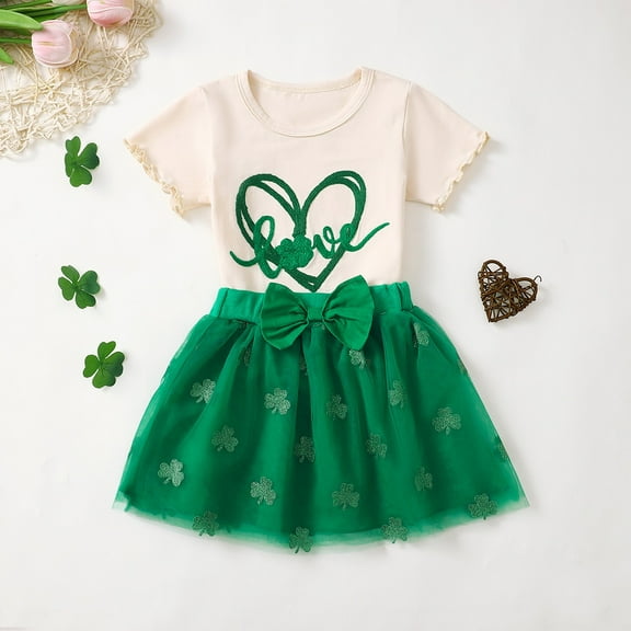 JIAYUE Kids Spring St Patricks Day Girls Child Outfit Sets Cartoon Print Short Sleeve Crew Neck Pullover T Shirt and Mesh Skirt Lovely For Child Chic Base Layer
