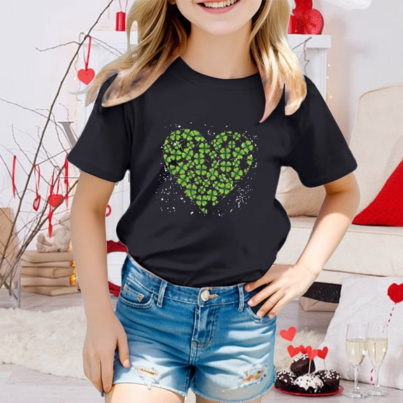 JIAYUE Kids St Patricks Day Tops For Boys Girls Cartoon Print Short Sleeve Crew Neck Pull-On Classic Fit T Shirts For Children Layering Tops
