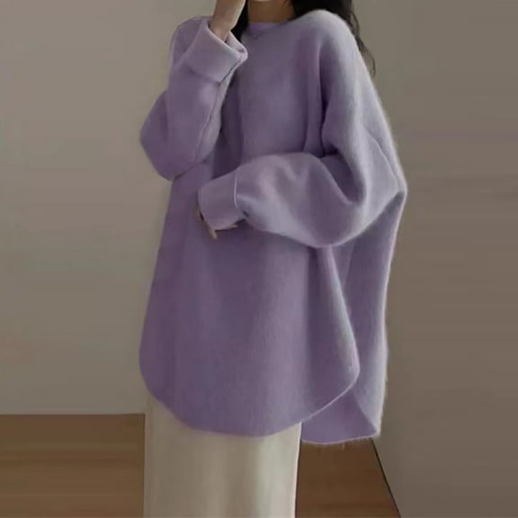 JIAYUE Knit Sweater For Women Solid Color Long Sleeve Drop Shoulder Crew Neck Relaxed Fit Knitwear Pullover For Women Cozy Elegant Homewear