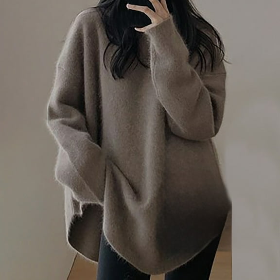 JIAYUE Knit Sweater For Women Solid Color Long Sleeve Drop Shoulder Crew Neck Relaxed Fit Knitwear Pullover For Women Cozy Elegant Homewear