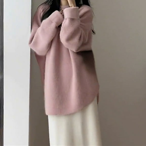 JIAYUE Knit Sweater For Women Solid Color Long Sleeve Drop Shoulder Crew Neck Relaxed Fit Knitwear Pullover For Women Cozy Elegant Homewear