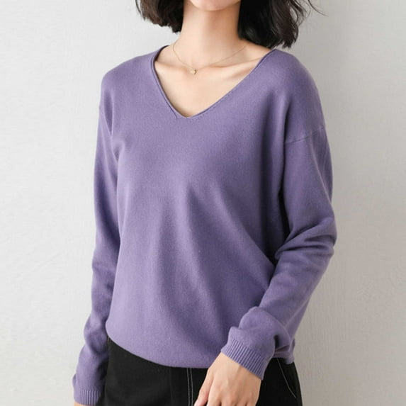 JIAYUE Knit Sweater For Women Solid Color Long Sleeve Drop Shoulder V-Neck Relaxed Fit Pullover For Fall Winter Base Layer