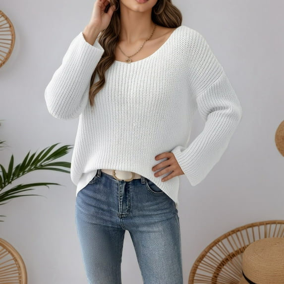 JIAYUE Knit Sweaters for Women Off Shoulder Long Sleeve Pullover Minimalist Loose Fit Solid Color For Ladies Stylish Comfortable Clothing