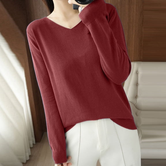 JIAYUE Knitwears For Women Solid Color Long Sleeve Drop Shoulder V-Neck Relaxed Fit Knitwear Pullover For Ladies Casual Stylish Dailywear