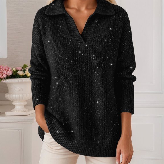 JIAYUE Ladies Sweater Solid Color Long Sleeve Collared Relaxed Fit Lapel Knitted Pullover For Womens Soft Cozy Sweater