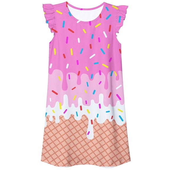 JIAYUE Little Girls Dress Kids Round Neck Ice Cream Print Ruffle Sleeve A-Line Mini For Ages 5-12 Years Everyday Summer Adorable Birthday Party Dresses