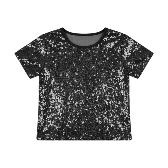 JIAYUE Little Girls Party T-Shirt Fashion Sequin Short Sleeve Crew Neck Top Children Pure Color Sparkly Versatile Festival Performance Dance Tee