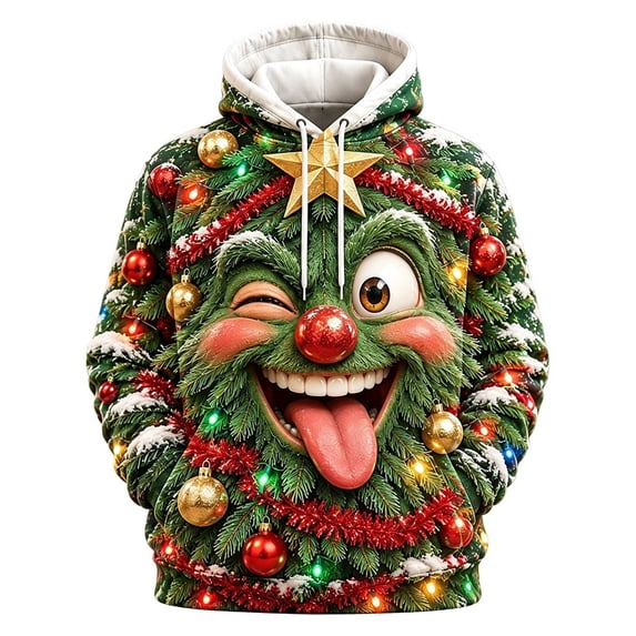 JIAYUE Men Christmas Hoodie Long Sleeve Pullover Drawstring Hooded Sweatshirt Front Pocket 3D Funny Print for Casual Daily Wear