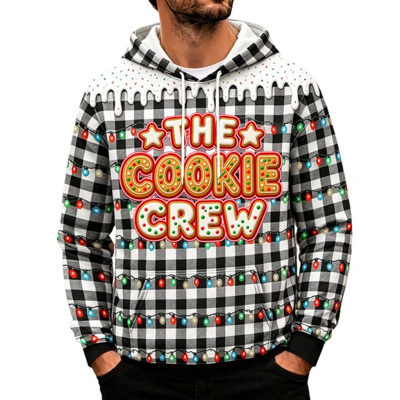 JIAYUE Men Christmas Hoodie Long Sleeve Xmas Light Plaid Graphic Drawstring Long Sleeve Hooded Sweatshirt for Fall Outdoor Wear
