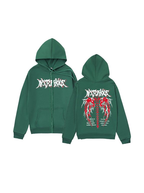 Men Full Zip Hoodie Letter & Skeleton Wing Print Jacket Kangaroo Pocket Drawstring Sweatshirt for Social Party