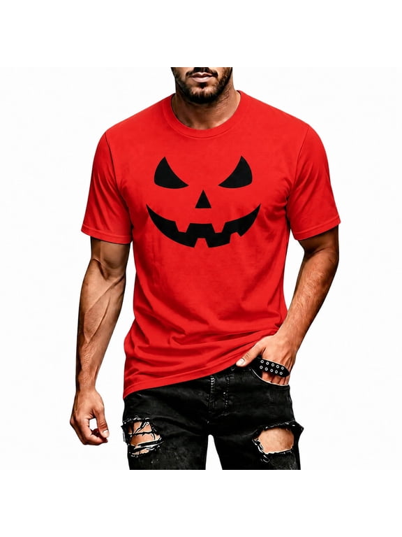 Men Halloween T-Shirt Short Sleeve Crewneck Pullover Tee Pumpkin Face Print Leisure Tops for City Stroll