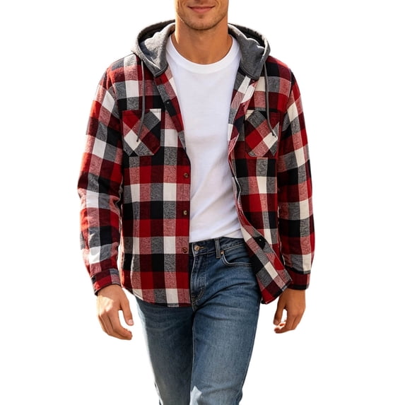 JIAYUE Men Hooded Sweatshirt Button Down Plaid Flannel Long Sleeve Hoodie Coat for Fall Winter Outdoor Tops