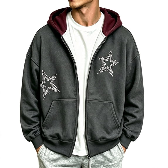 JIAYUE Men Zip Up Hoodie Star Print Long Sleeve Sweatshirt Kangaroo Pocket Loose Fit Cropped Outerwear for Daily Relax Wear