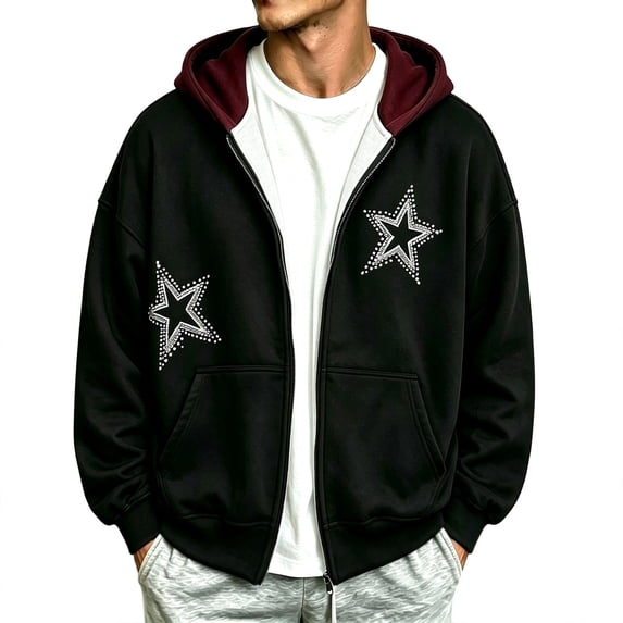 JIAYUE Men Zip Up Hoodie Star Print Long Sleeve Sweatshirt Kangaroo Pocket Loose Fit Cropped Outerwear for Outdoor Daily Walking