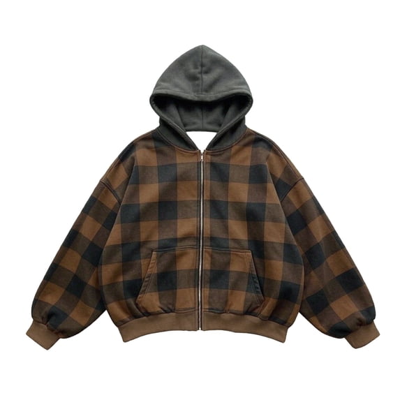 JIAYUE Men Zip Up Hoodie Stylish Plaid Color Block Oversize Long Sleeve With Pocket Sweatshirt Outerwear for Casual Fashion Style