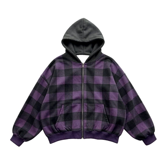 JIAYUE Men Zip Up Hoodie Stylish Plaid Color Block Oversize Long Sleeve With Pocket Sweatshirt Outerwear for Daily Commute