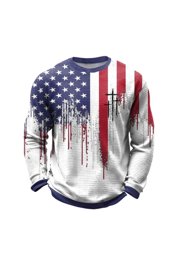 Men's T-Shirts Long Sleeve Knit Thermal Crew Neck Comfort Stretch Fit Casual Independence Day Top For Fall Winter Layering Clothes For Men