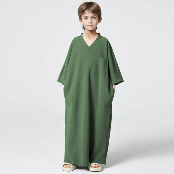 JIAYUE Muslim Thobe For Kids Boys Solid Color Long Sleeve V-Neck Pull-On Gown Tunic Duster For Toddler Stylish Urban Tops