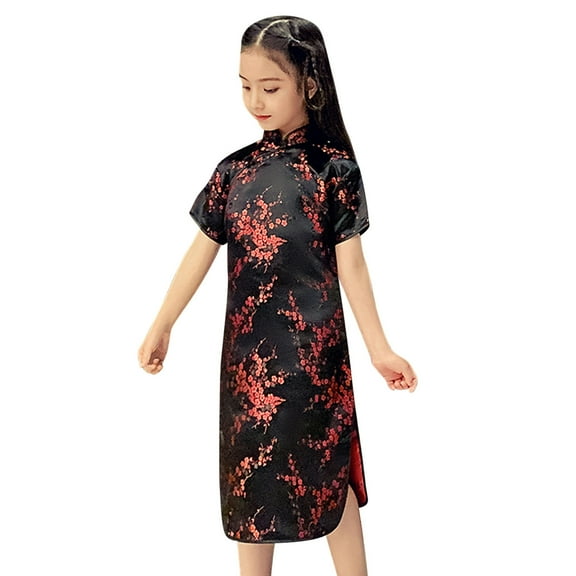JIAYUE New Year Dresses For Kids Girls Short Sleeve Embroidered Collared Drop Shoulder Mid Length Qipao Cheongsam Shift For Children Fashion Dress