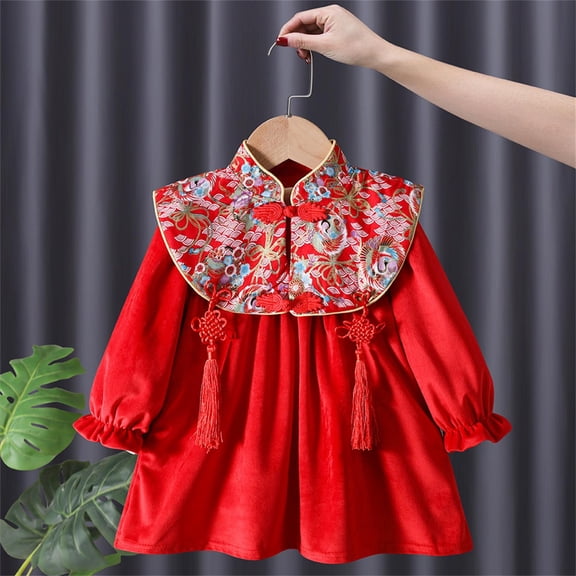 JIAYUE New Year Dresses For Girls Long Sleeve Embroidered Drop Shoulder Collared Mid Length Ruffled Sleeves Patchwork Tent For Toddler Adaptable Dress