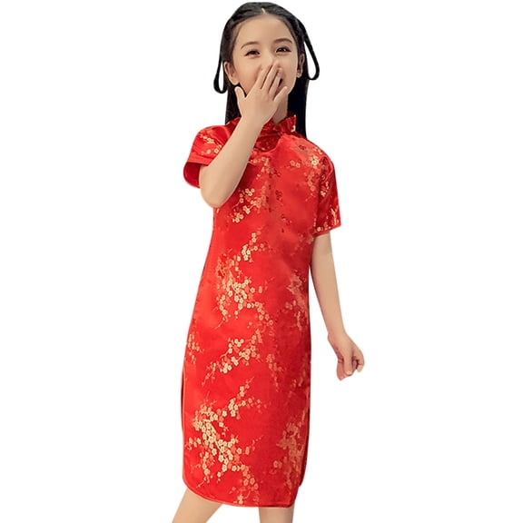 JIAYUE New Year Kids Girls Dresses Embroidered Collared Short Sleeve Drop Shoulder Mid Length Qipao Cheongsam Shift For Children Seasonal Dress