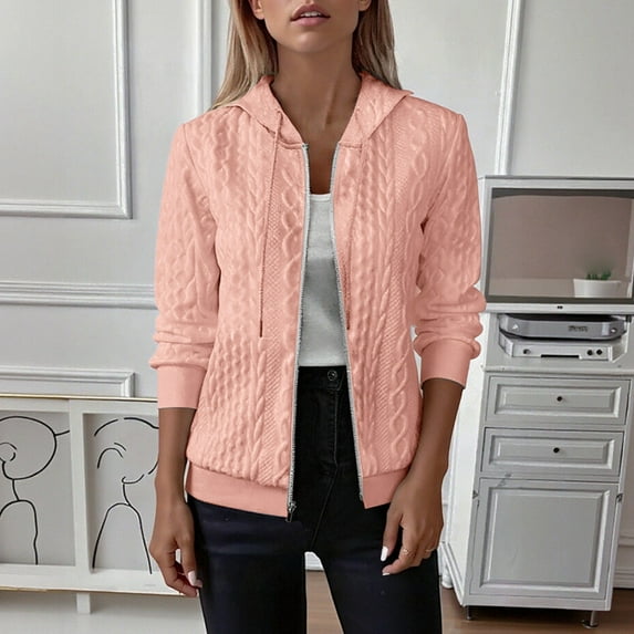 JIAYUE Outerwear Jacket For Ladies Solid Color Long Sleeve Classic Fit Zipper Quilted Hooded Knitted Sweater Cardigan For Casual Outerwear