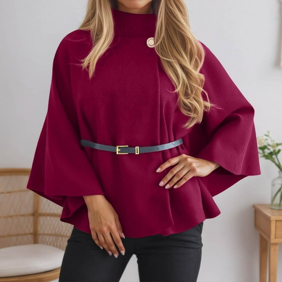 JIAYUE Outerwear Jacket For Women Solid Color Long Sleeve Relaxed Fit Pull-On Poncho with Belt For Fall Winter Elegant Cloak