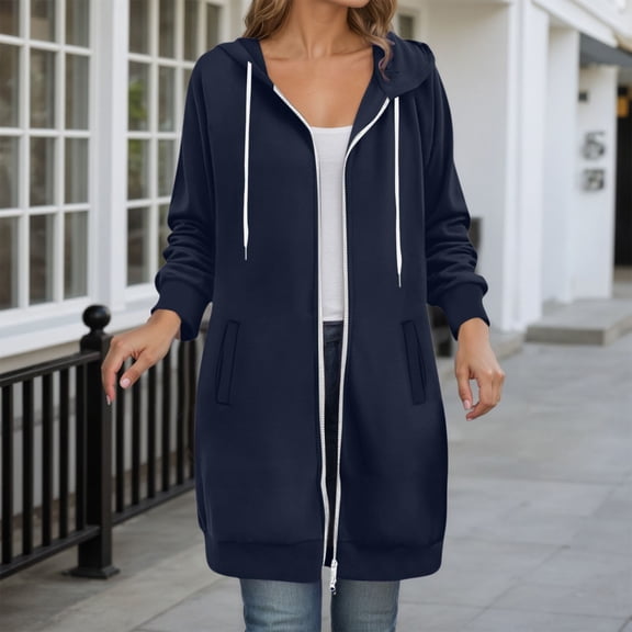 JIAYUE Outerwear Jacket For Women Solid Color Long Sleeve Relaxed Fit Zipper Overcoat Hooded with Pockets For Cool Weather Jacket