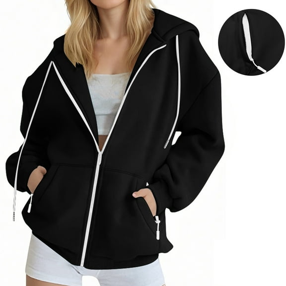 JIAYUE Outerwear Jacket For Women Solid Color Long Sleeve Relaxed Fit Zipper Sport Hooded with Pockets For Classic Outerwear Design