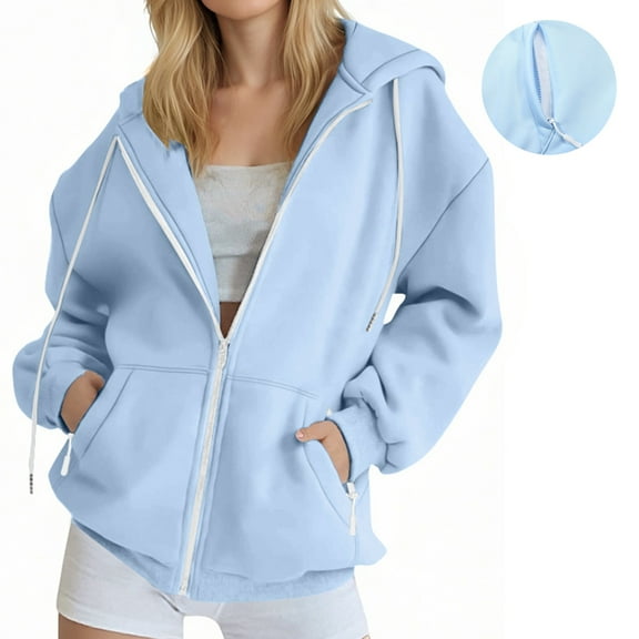 JIAYUE Outerwear Jacket For Women Solid Color Long Sleeve Relaxed Fit Zipper Sport Hooded with Pockets For Classic Outerwear Design