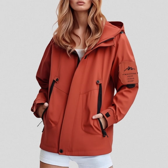 JIAYUE Outerwear Jacket For Women Solid Color Long Sleeve Relaxed Fit Zipper Windbreaker Hooded Hiking Raincoat For Fall Winter Cozy Comfy Outerwear
