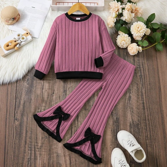 JIAYUE Outfit Set For Girls Ribbed Long Sleeve Round Neck Top Flared Pants Two Piece Set For Children 4 To 7 Years Old Daily Fashion Wear