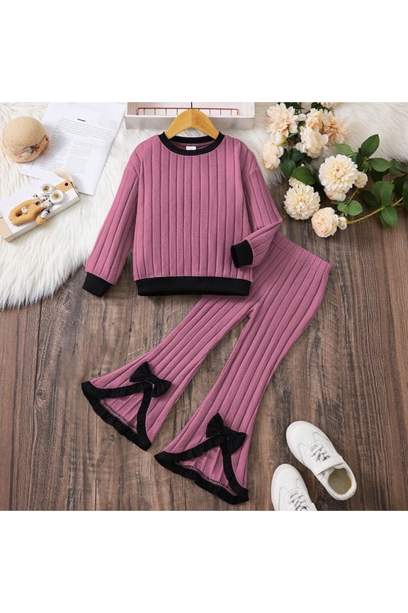 Outfit Set For Girls Ribbed Long Sleeve Round Neck Top Flared Pants Two Piece Set For Kids 4 To 7 Years Old Everyday Fashion