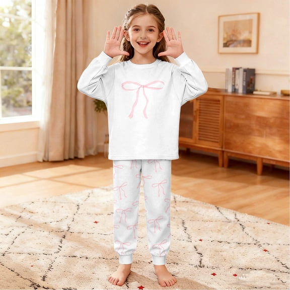 JIAYUE Outfit Sets For Girls Bows Print Long Sleeve Crew Neck Pullover Tops Slacks Snug Comfy For Child Breathable Playwear