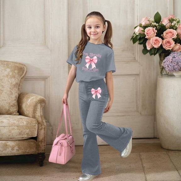 JIAYUE Outfit Sets For Girls Cartoon Print Short Sleeve Crew Neck Pullover T Shirt Flared Trousers Lovely For Teens Casual Set