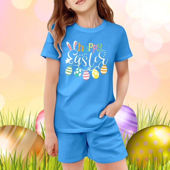 JIAYUE Outfit Sets For Kids Easter Boys Girls Cartoon Print Short Sleeve Crew Neck Pull-On T Shirt Shorts Snug Comfy For Kids Adorable Casual Outfits