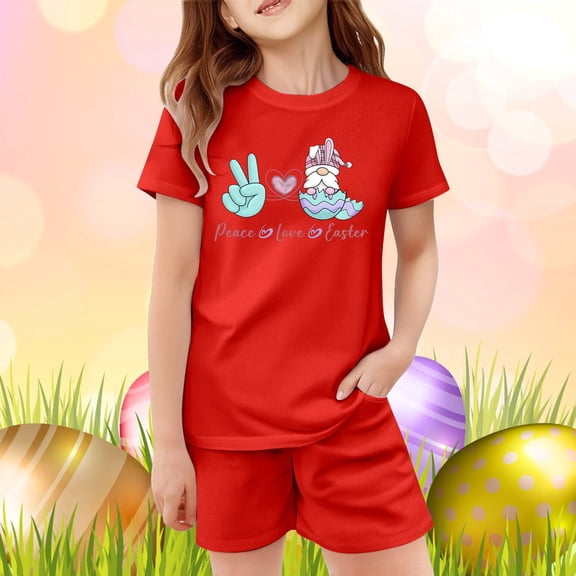 JIAYUE Outfit Sets For Kids Easter Cartoon Print Short Sleeve Crew Neck Pull-On T Shirt Shorts Comfy Soft For Children Adorable Holiday Outfits