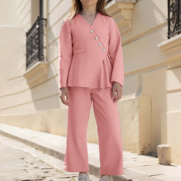 JIAYUE Outfits Sets For Girls Solid Color Long Sleeve Classic Fit Pull-On Crew Neck Suit Shirt and Wide Leg Pant For Kids Modern Casual Outfit Sets