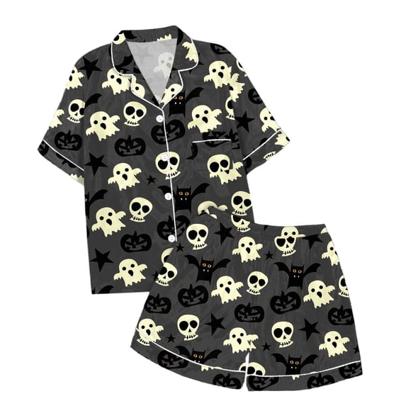 JIAYUE Pajamas For Girls Pajamas Set Comfort Short Sleeve Cute Print Turndown Collar Buttons Tops And Elastic Waist Shorts For Relaxed Halloween Theme Home Loose Fit Sleepwear,6-7 Years