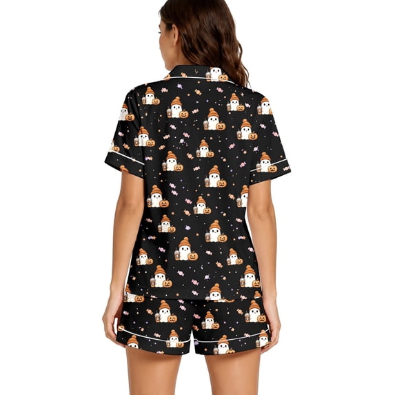 JIAYUE Pajamas Set For Women Halloween Pattern Printed With Notched Collar Short Sleeve Tops And Shorts For Home Wear Cozy For Lightweight And Breathable Comfort Sleepwear