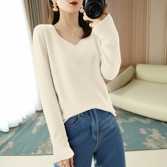 JIAYUE Pullover Sweaters for Women Thin Knit V Neck Long Sleeve Slim Fit Solid Color For Ladies Soft Stretch Clothing