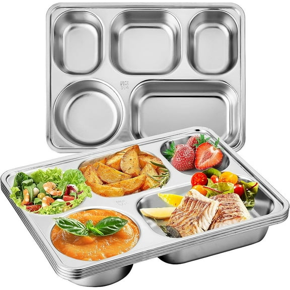 JIAYUE Set of 2 Stainless Steel Rectangular Divided Plates Tray 5 Sections Dinner Plates for Adults - Unbreakable Metal Plate for Campers,and Portion Control Reusable Plate