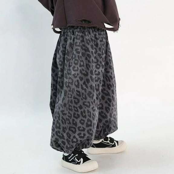JIAYUE Slacks For Boys Girls Leopard Print Loose Boyfriend Mid Waist Slacks For Children Stylish Casual Bottoms