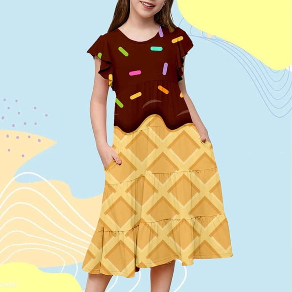 JIAYUE Spring Child Girls Dresses Cartoon Print Short Sleeve Drop Shoulder Crew Neck A-Line Mid Length Soft Comfy For Teens Casual Holiday Festival Dress