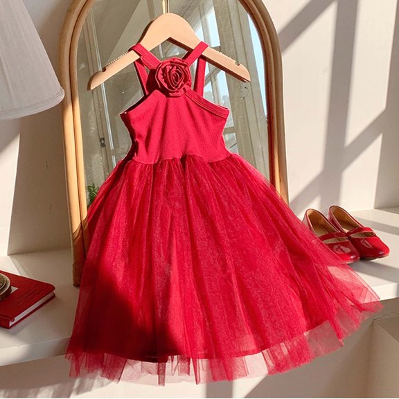 JIAYUE Spring Dresses For Girls Crew Neck Solid Color Sleeveless Halter Sundress Elegant Mesh Mid Length For Kids Fashionable Holiday Dresses