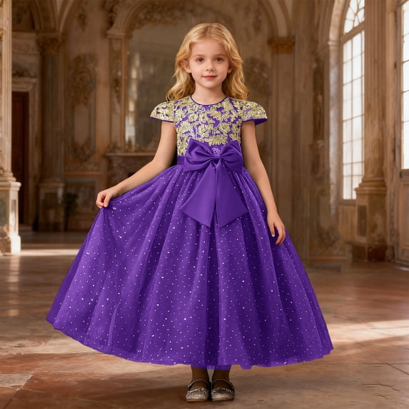 JIAYUE Spring Fall Carnival Dress For Toddler Girls Floral Ball Gown Short Sleeve Long Crew Neck Dress For Child Party Seasonal Dress